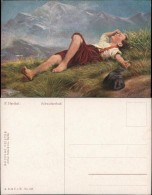 Signierte Künstlerkarte P. Herthel "Schweizerbub", Art Postcard 1910 - Peintures & Tableaux