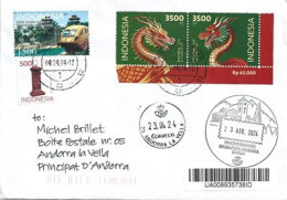 2024. Year Of The Dragon , Registered Letter To Andorra, With Arrival Illustrated Postmarks - Indonésie