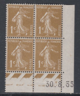 France N° 277A XX Type Semeuse : 1 C. Bistre-olive En Bloc De 4 Coin Daté Du 30 . 8 . 35, Ss Point Blanc, Sans Char. TB - 1930-1939