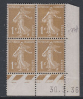 France N° 277A X Type Semeuse : 1 C. Bistre-olive En Bloc De 4 Coin Daté Du 30 . 3 . 36, Ss Point Blanc, Trace Char. TB - 1930-1939