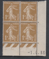 France N° 277A X Type Semeuse : 1 C. Bistre-olive En Bloc De 4 Coin Daté Du 1 . 4 . 36, Ss Point Blanc, Trace Char. TB - 1930-1939