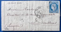 Ballon Monté FERDINAND FLOCON Gazette Des Absents N°1 N°37 20c Bleu Obl étoile 1 + Dateur Du 2 NOV 1870 Pour DOULLENS - Guerre De 1870