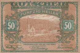 50 HELLER 1921 Stadt PRESSBAUM Niedrigeren Österreich Notgeld Banknote #PE274 - Lokale Ausgaben