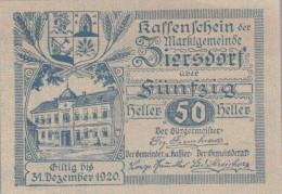 50 HELLER 1920 Stadt ZIERSDORF Niedrigeren Österreich Notgeld Banknote #PE128 - Lokale Ausgaben