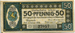 50 PFENNIG 1918 Stadt BIBERACH AN DER RISS Württemberg DEUTSCHLAND Notgeld Papiergeld Banknote #PL815 - [11] Emissions Locales