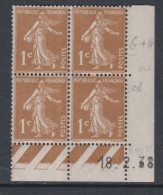 France N° 277B XX Type Semeuse : 1 C. Bistre-brun En Bloc De 4 Coin Daté Du 18 . 2 . 38, Sans Point Blanc, Sans Char. TB - 1930-1939