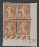 France N° 277B X Type Semeuse : 1 C. Bistre-brun En Bloc De 4 Coin Daté Du 23 . 7 . 36, Trace De Charnière Sinon TB - 1930-1939