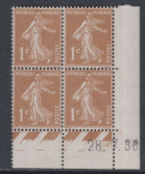 France N° 277B X Type Semeuse : 1 C. Bistre-brun En Bloc De 4 Coin Daté Du 28 . 7 . 36, Trace De Charnière Sinon TB - 1930-1939