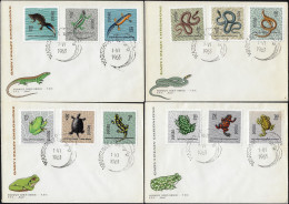 Pologne 1963 Y&T 1259 à 1270 Sur 4 FDC. Protection Des Reptiles Et Amphibiens. Grenouilles Tortue Salamandre Serpents - Kikkers