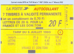 FRANCE - Carnet Mixte Conf. 9 - 0f70 Et TVP Briat - YT 1503c / Maury 502 - Modern : 1959-…