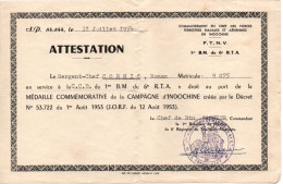 BREVET ATTESTATION MEDAILLE COMMEMO CAMPAGNE D INDOCHINE BATAILLON DE MARCHE 6e RTA  1954 INDOCHINA - Documents