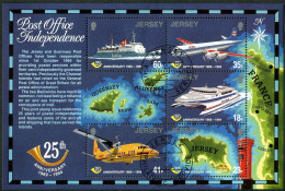 Jersey 689a, CTO. Michel Bl.9. Postal Independence, 25th Ann. Map, Ship, Planes. - Jersey