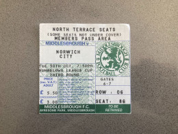 Middlesbrough V Norwich City 1990-91 Match Ticket - Match Tickets