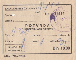 Yugoslavia Yugoslav Railways Train Ticket With Seat Reservation 1981 - Europe