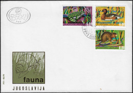 Yougoslavie 1976 Y&T 1532 à 1534 Sur FDC. Animaux, Grenouille, Sarcelle Naine (canard), Rat Musqué - Frogs