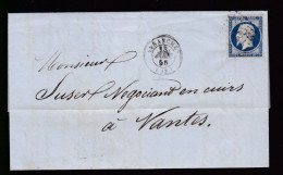 Timbre N° 14 Napoléon III  Bleu  Foncé  20 C   Sur Lettre  Départ  Avranches 1856    Destination   Nantes - 1853-1860 Napoléon III.