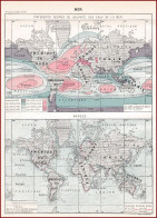 Mer. Carte De L'Asie, Afrique Etc.. Et Coupe Suivant Le 20° Latitude Nord. Salinité Des Eaux Et Marées. Larousse 1904. - Historische Dokumente