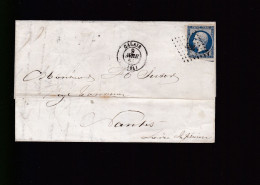 Timbre N° 14 Napoléon III  Bleu  Foncé  20 C   Sur Lettre  Départ Calais  1856    Destination   Nantes - 1853-1860 Napoléon III.