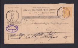 1891 - 15 Pf. Postanweisung-Dienst-Ganzsache (ADU 3) Ab Urach  - Sonstige & Ohne Zuordnung