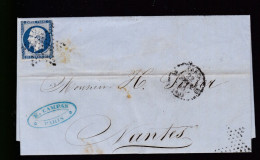 Timbre N° 14 Napoléon III  Bleu  Foncé  20 C   Sur Lettre  Etoile De Paris   1856    Destination   Nantes - 1853-1860 Napoléon III.