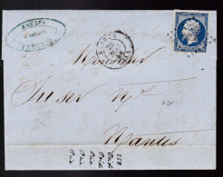 Timbre N° 14 Napoléon III  Bleu  Foncé  20 C   Sur Lettre Départ   Rennes   1856    Destination    Nantes Pc 2650 - 1853-1860 Napoléon III