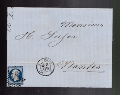 Timbre N° 14 Napoléon III  Bleu    20 C   Sur Lettre Etoile De Paris  1856  Destination    Nantes - 1853-1860 Napoléon III.