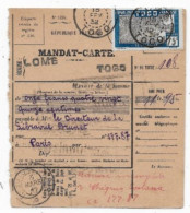 TOGO Mandat Carte 1932 LOME Timbre 75c Seul S/ Document Postal - Lettres & Documents