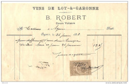 Documents Commerciaux > France > 1800 – 1899  AGEN  Facture B.Robert Vins Du Lot Et Garonne 1888  Avec Timbre - 1800 – 1899