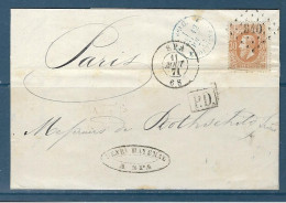 Belgique LSC De SPA 11 Août 1871 -  Y&T N°33 - Ambulant France Est V Au Verso 12/08/71 Pour Rothschild Paris. - 1869-1883 Leopoldo II