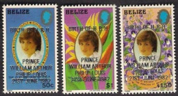BELIZE 1982 Birth Of Prince William Silver Foil Overprint On 21st Birthday Royal Princess Diana, Complete Set Of 3v. MNH - Belize (1973-...)