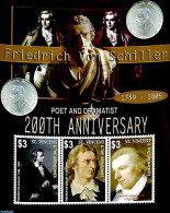 Saint Vincent 2005 F. Von Schiller 3v M/s, Mint NH, History - Germans - Art - Authors - Writers