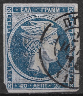 GREECE Plateflaw CF2 In 1872-76  Large Hermes Meshed Paper Issue 20 L Bright Sky Blue Vl. 55 / H 41 A - Errors, Freaks & Oddities (EFO)