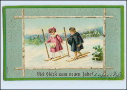 W8S71/ Neujahr Kinder Fahren Ski Litho Prägedruck AK 1907 - Anno Nuovo