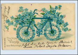 W8T92/ Geburtstag Blumenfahrrad 1909 Litho Prägedruck AK - Compleanni