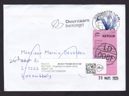 Netherlands: Cover To Luxembourg, 2024, 1 Odd-shaped Stamp, Flower, Returned, 2x Retour Label, Cancel (minor Damage) - Cartas & Documentos