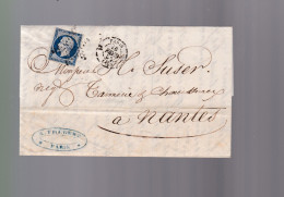 Timbre N° 14 Napoléon III  Bleu   Foncé  20 C   Sur Lettre  Etoile De Paris   1856  Destination    Nantes - 1853-1860 Napoleon III