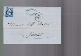 Timbre N° 14 Napoléon III  Bleu     20 C   Sur Lettre  Etoile De Paris   1856  Destination    Nantes - 1853-1860 Napoleon III