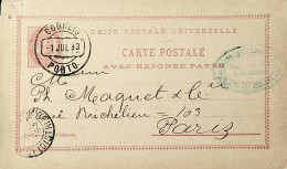 1893 Portugal Bilhete Postal Inteiro D. Luís Resposta Paga 20 + 20 R. Rosa Claro Enviado Do Porto Para Paris - Entiers Postaux