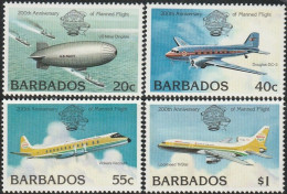 THEMATIC  AIRCRAFT:  BICENTENARY OF MANNED FLIGHT. AIRSHIP M-20, DOUGLAS DC-3,VICKERS VISCOUNT, LOCKHEED 500    BARBADOS - Aviones