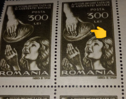 Stamps Erroors  Romania 1947 # Mi 1019, Printed With Slash Cut Bread, Drought Help For The Hungry BLOCK X4 STAMPS - Errors, Freaks & Oddities (EFO)