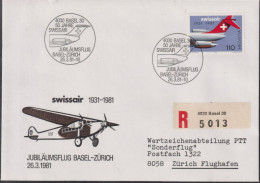 1981 Schweiz R-Brief, Mi:CH 1195, Zum:CH 653, 50 J. Swissair, Jubiläumsflug Basel-Zürich 26.3.1981 - Altri (Aria)