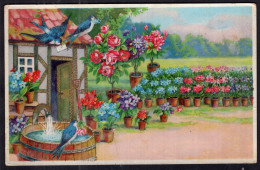 Postcard - 1932 - Flowers - Painting - Flower Pots And Blue Birds - Flowers