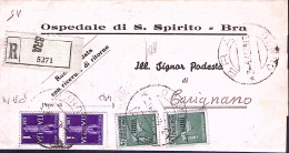 1945-R.S.I. Monumenti Due C.25 + P.A. Coppia Lire 1 Su Piego Raccomandato Bra (3 - Storia Postale
