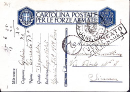 1942-FORZE NAVALI SPECIALI/n.749 Manoscritto Su Cartolina Franchigia, Fori Spill - Guerra 1939-45