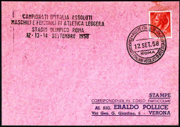1958-ROMA CAMPIONATI ATETICA LEGGERA Annullo Speciale E Lineare (12.9) Su Cartol - Manifestazioni