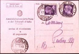 1945-Imperiale Senza Fasci Due Lire 1 (540) Su Avviso Ricevimento (12.11) - Poststempel