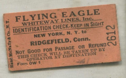 Ancien Ticket De Bus "Flying Eagle Whiteway Lines - New York To Ridgefield" Etats-Unis - United States - World