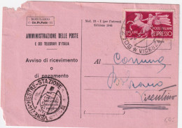 1948-Espresso Democratica Lire 15 (27) Isolato Su Avviso Ricevimento - 1946-60: Storia Postale