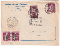 1950-TABACCO Tre Lire 5 + Democratica Lire 50 (564+629) Su Raccomandata Firenze  - 1946-60: Marcophilie