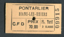 Ticket De Tramway (entre 1927 Et 1945) "Cie Des Chemins De Fer Du Doubs / Pontarlier - Bians-les-Usiers" - Europe